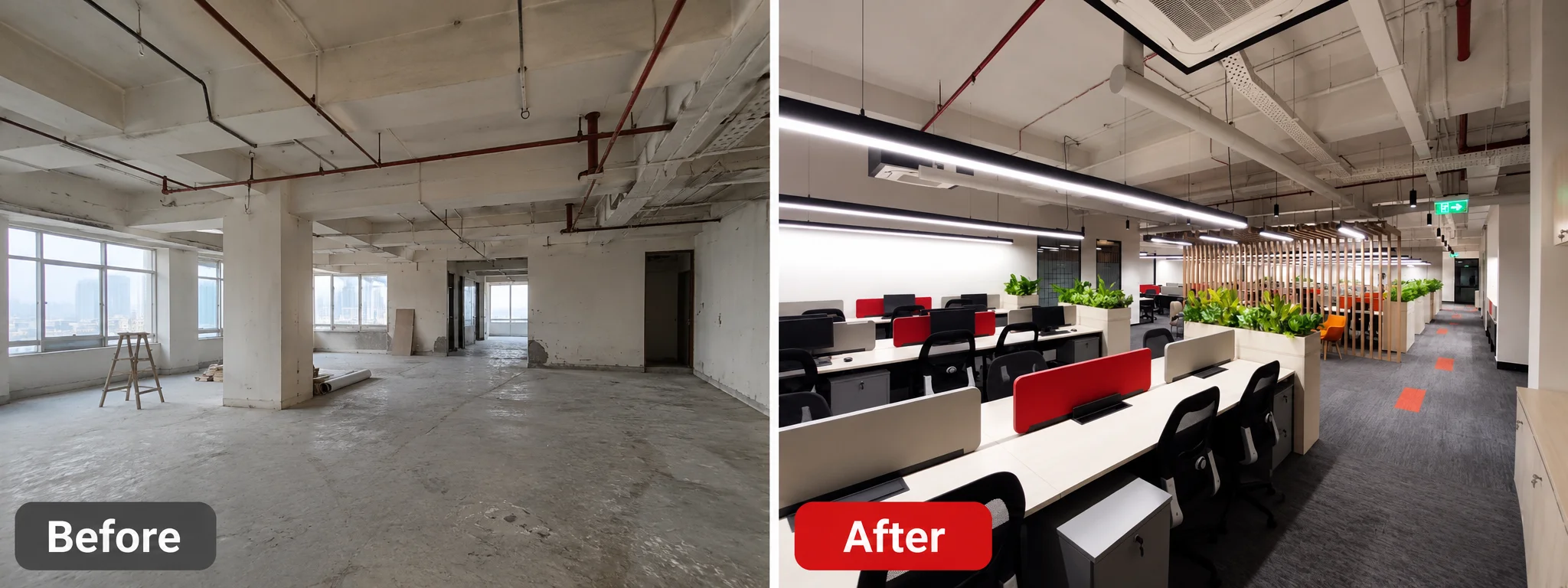 Before and after small office interior design showing transformation from poor layout to modern open workstation office