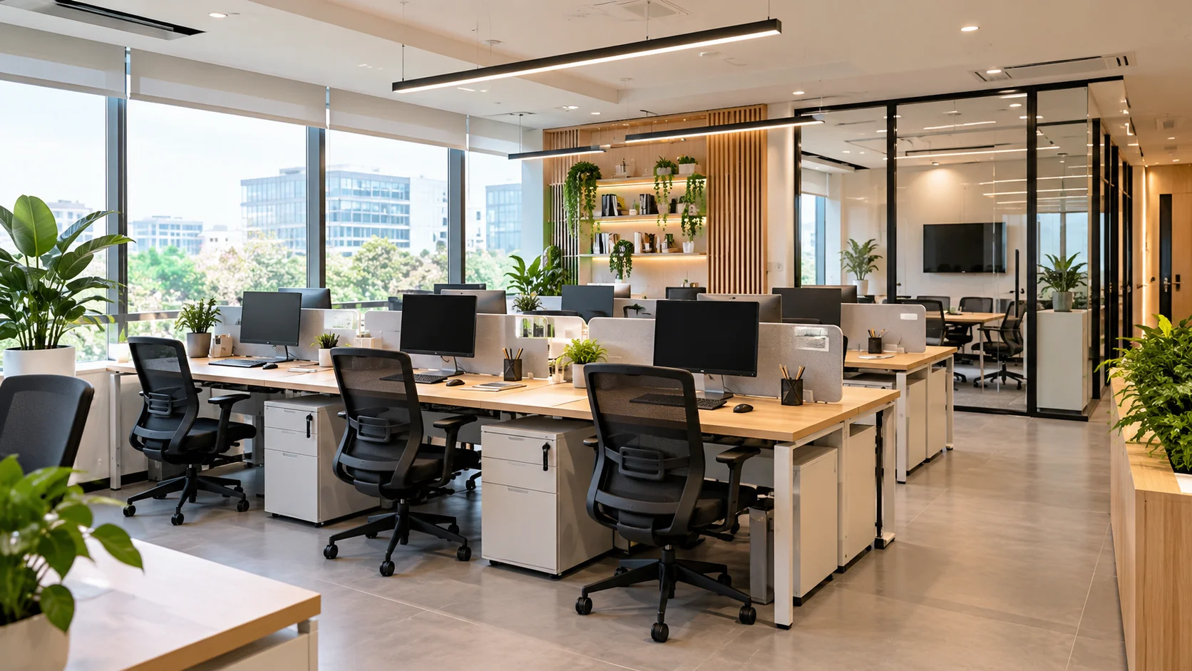 Low budget small office interior design with open workstation layout, minimal design, natural lighting, clean desks, and modern professional office setup