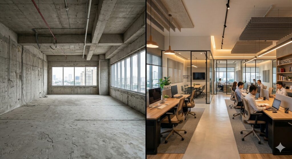 Office interior transformation showing empty space to fully designed turnkey office with furniture and lighting