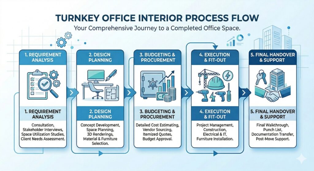 Turnkey office interior process from design planning to execution and final handover infographic