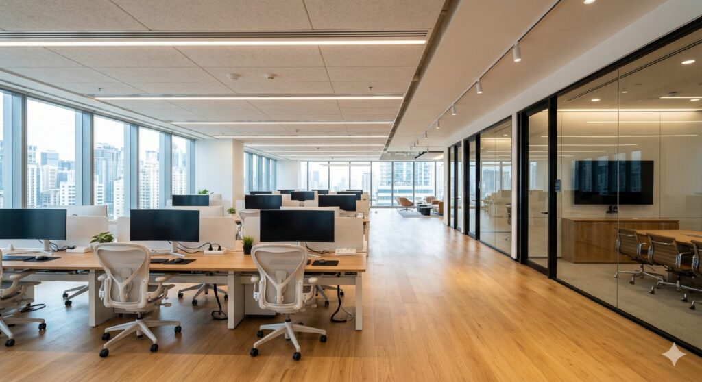 Turnkey office interior solutions with modern workspace design, modular workstations, and glass cabins