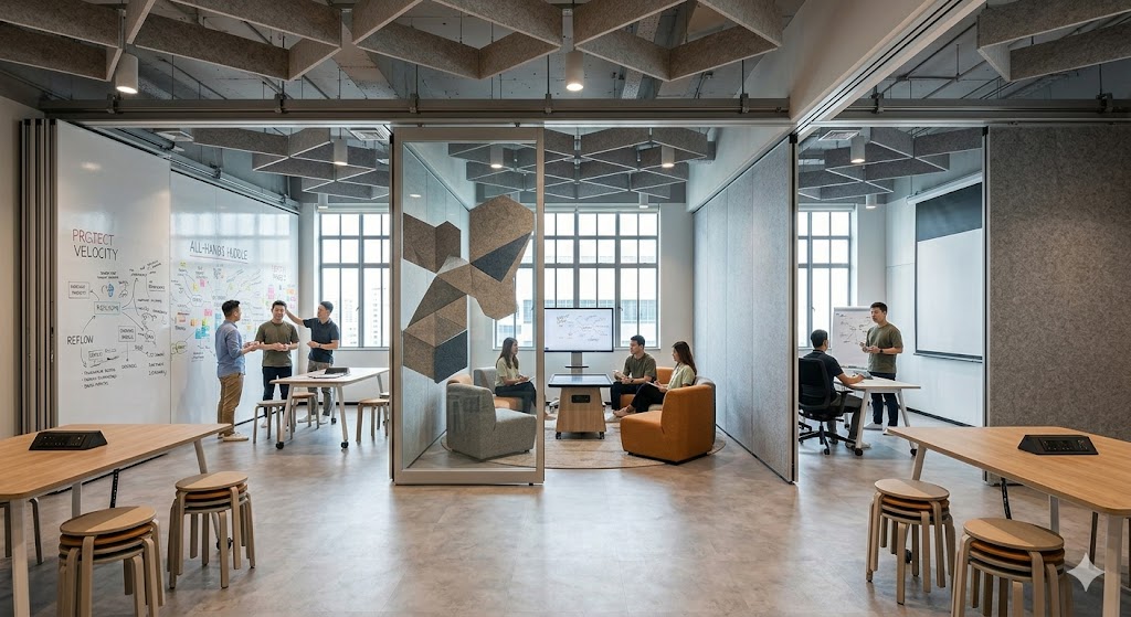 Flexible Delhi office workshop area with sliding Agile Walls, modular tables, acoustic panels, and multiple collaboration zones.