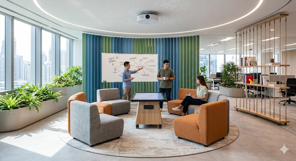 Modern Delhi office "Campfire Hub" with U-shaped lounge seating, interactive screen, and acoustic felt wall for collaboration.
