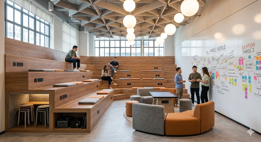 Tiered bleacher-style seating in Delhi office collaboration room with integrated cushions, focus pods, and whiteboard wall.