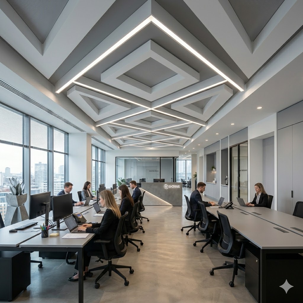 geometric office false ceiling design with modern lighting