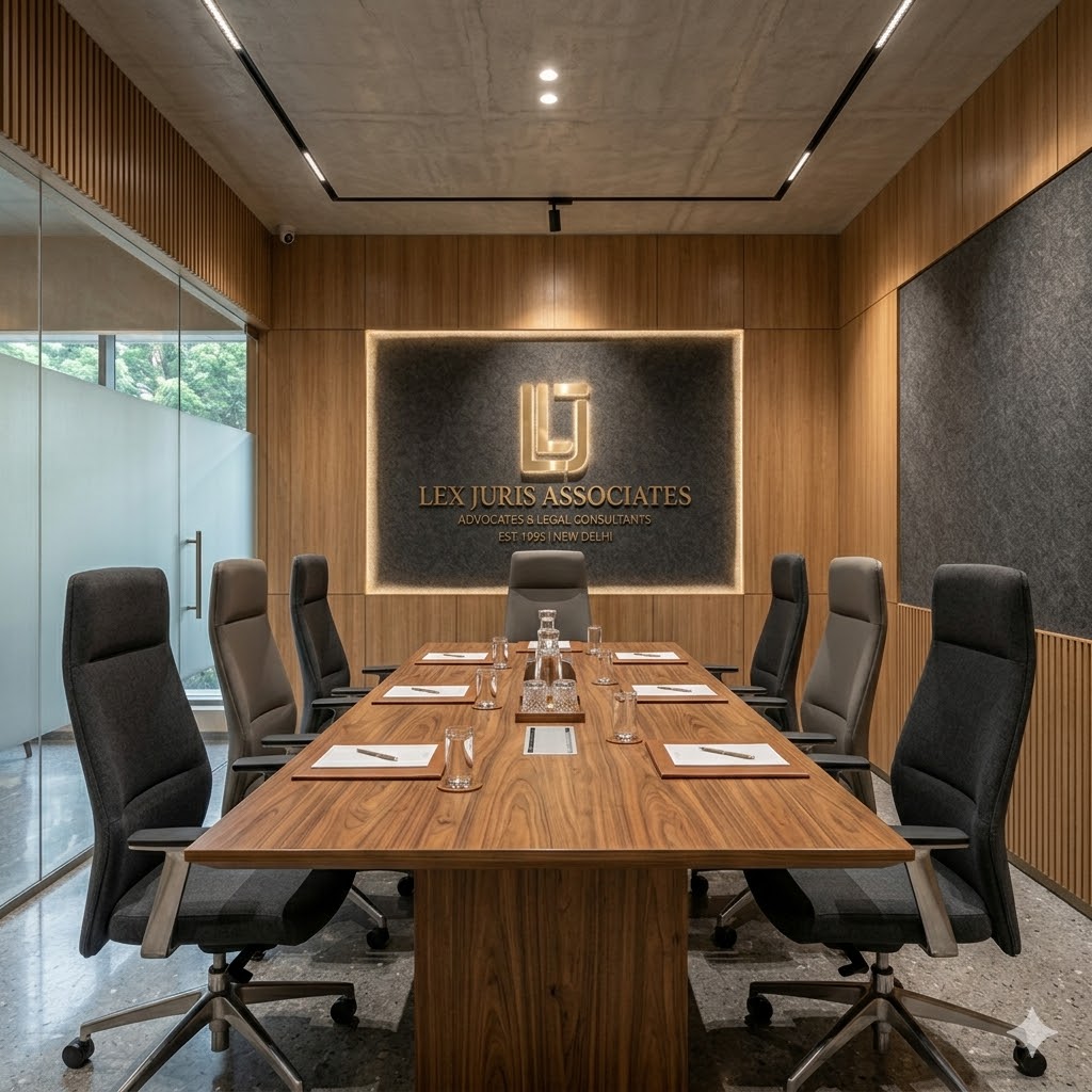 lawyer office interior design meeting room with modern legal workspace, conference table and professional corporate setup