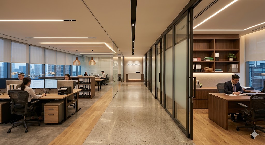 lawyer office interior design private cabins and workstation layout for legal firm with modern ergonomic office setup