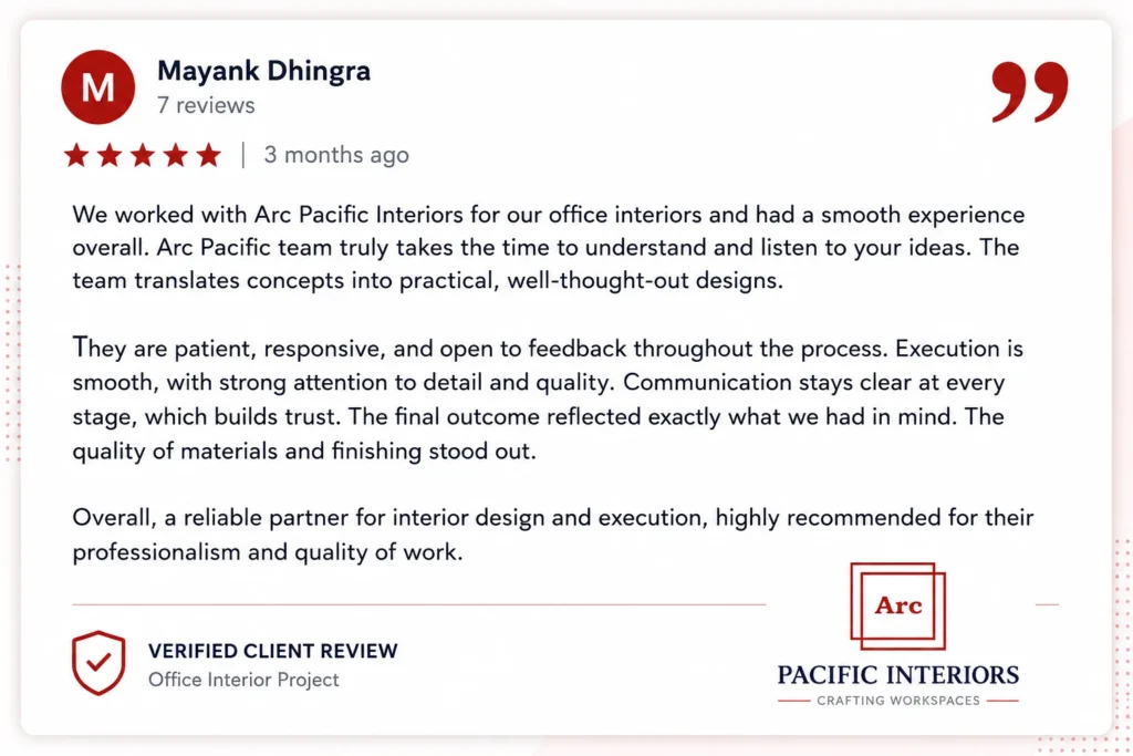 Client review for ARC Pacific Interiors office interior design services in Delhi