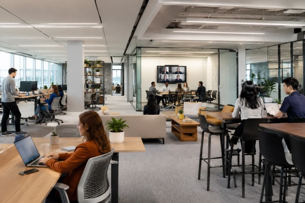 Hybrid office space with flexible workstations, collaboration areas and technology-enabled meeting rooms