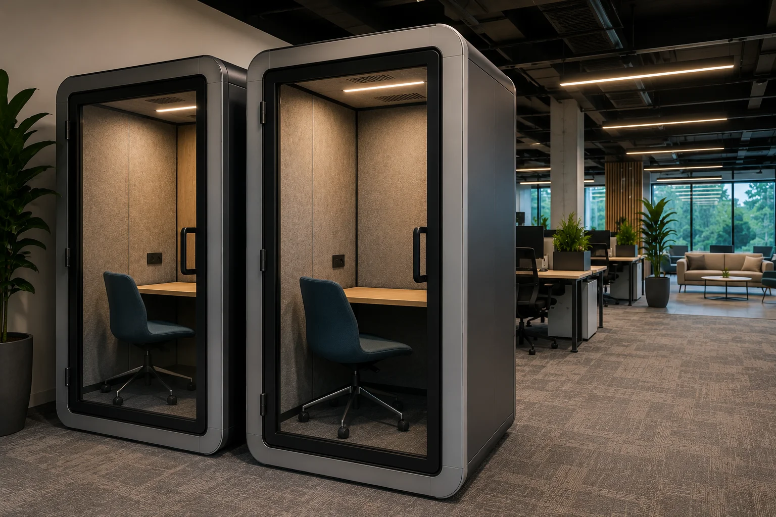 Acoustic phone booths and focus pods in a modern IT office designed to reduce distractions and support concentrated work