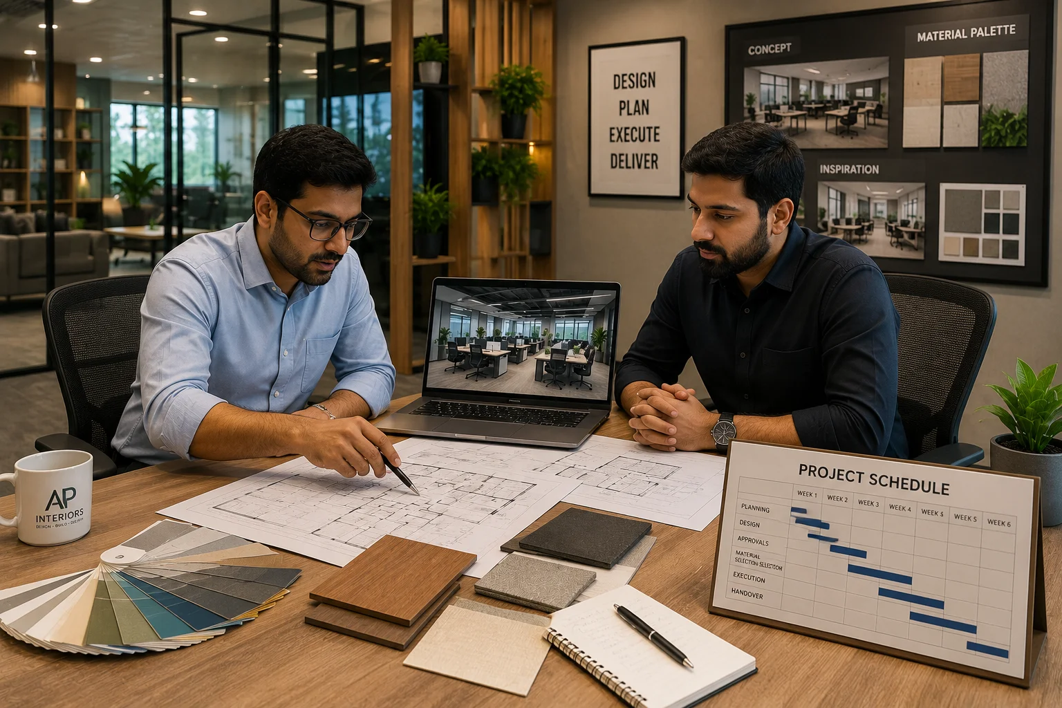 Interior design team reviewing office layout drawings, material samples and project schedule during an IT office interior planning meeting