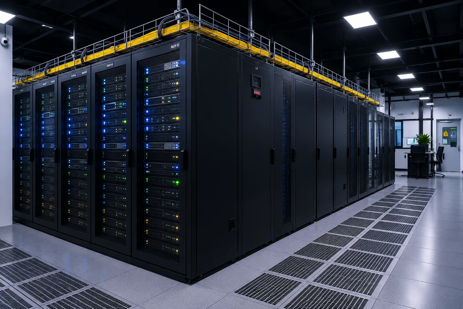 Modern server room in an IT office featuring network racks, raised flooring, cooling systems, and structured cable management