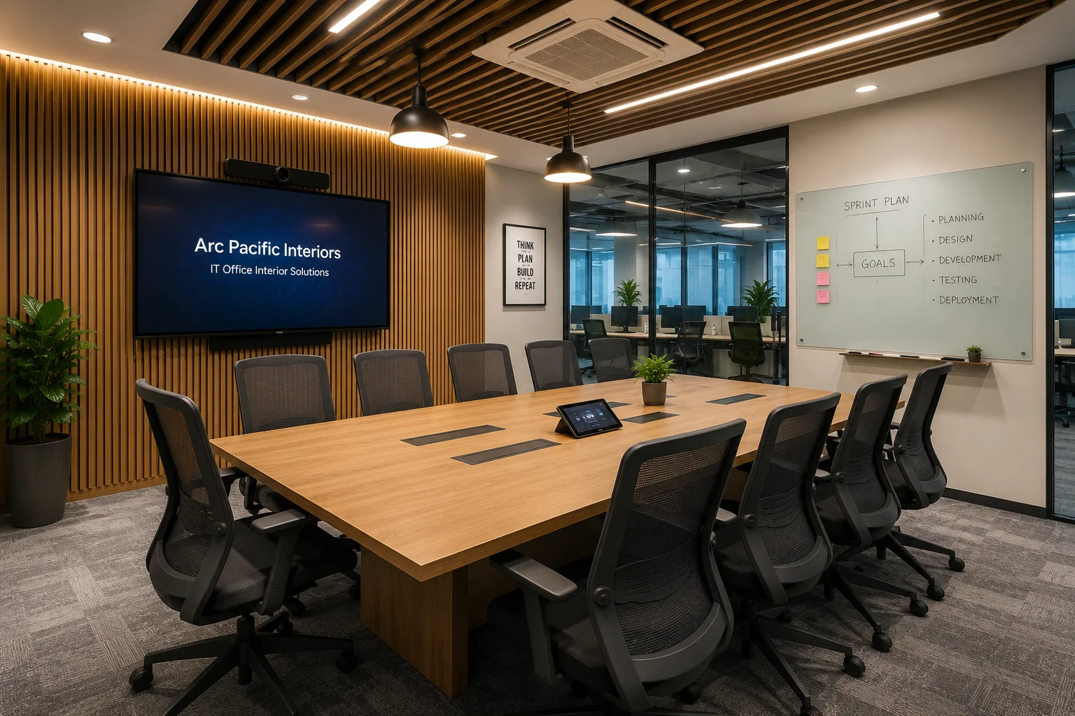 Smart meeting room in an IT office with ergonomic chairs, video conferencing display, whiteboard and collaborative workspace setup