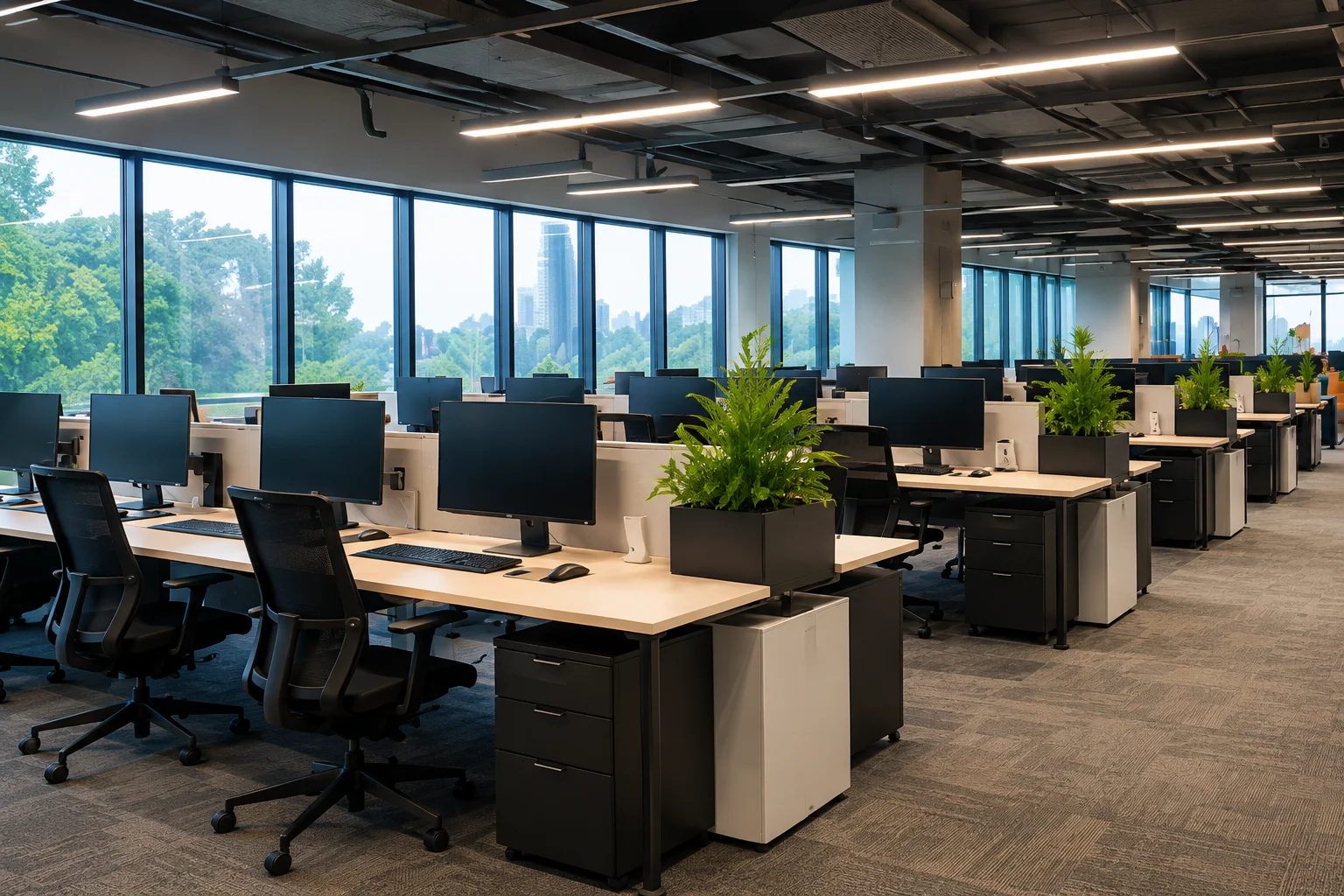 Modern IT office interior with open workstations, ergonomic chairs, indoor plants, and large windows allowing natural daylight