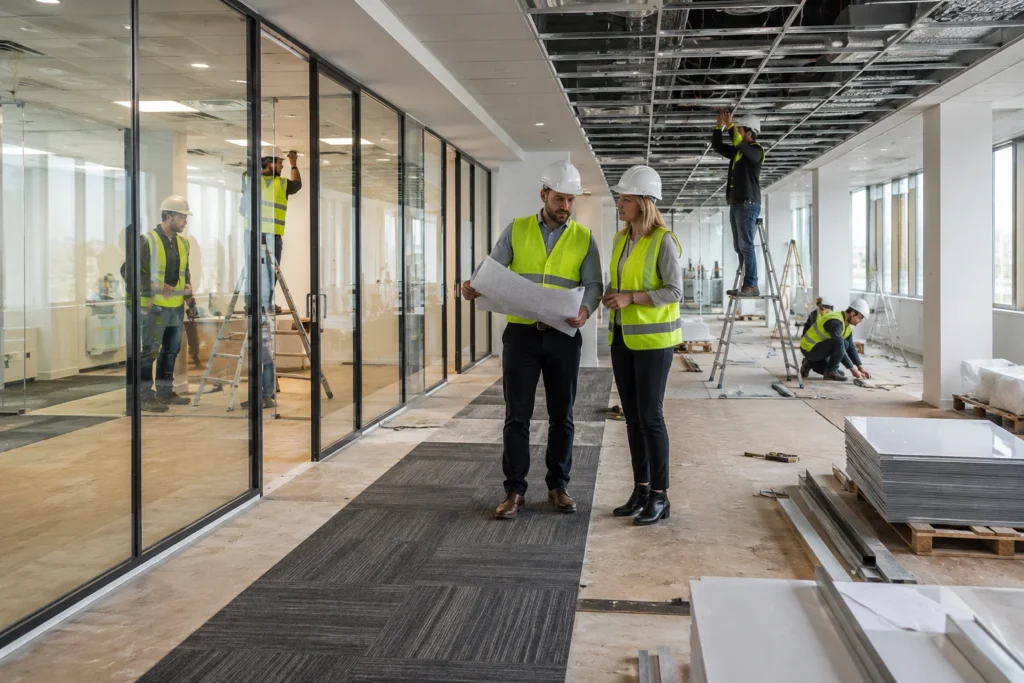 Modern office interior fit-out project in progress, glass partitions being installed, electricians working on ceiling systems, flooring installation underway, project managers inspecting workspace, office construction and interior execution stages, commercial workplace transformation, modern corporate office environment, realistic construction photography, high detail, professional interior project execution, natural lighting, ultra realistic, no text, no logo, no watermark