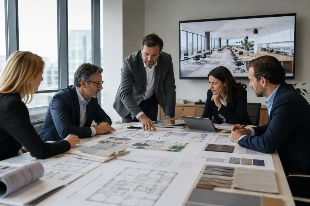 Office interior planning meeting with project managers reviewing workspace layouts and project timelines