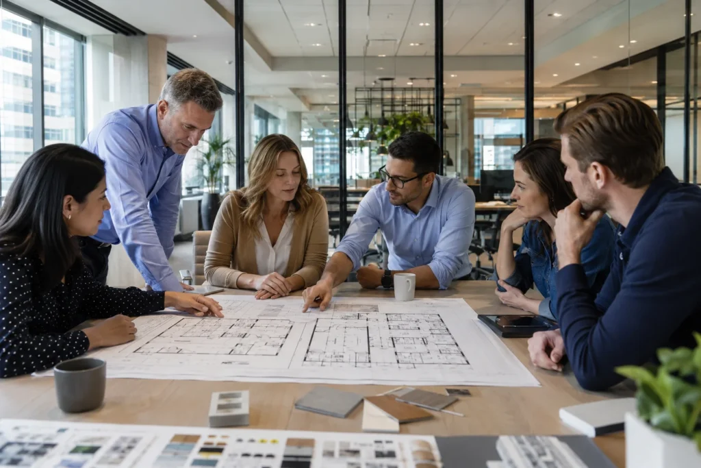 Office space planning strategy for a growing company with modern workplace layout and collaborative work areas