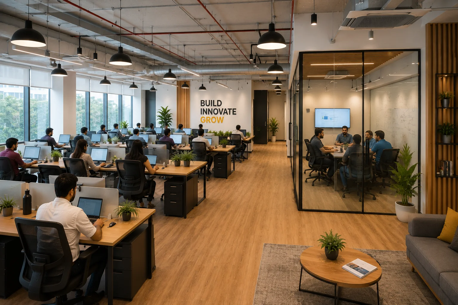 Open layout startup office interior with glass cabins and natural lighting