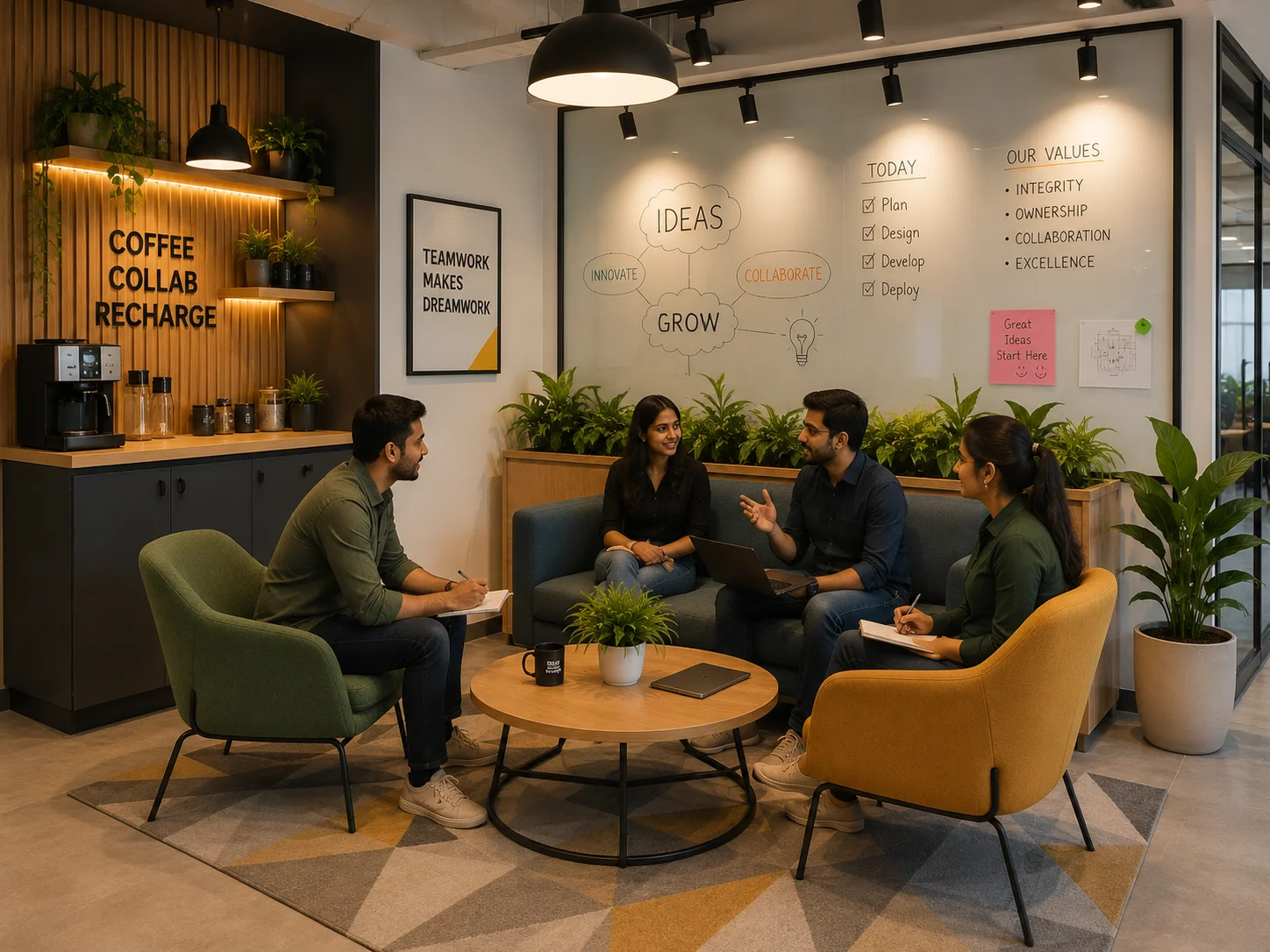 Breakout area in startup office with soft seating coffee counter and writable wall