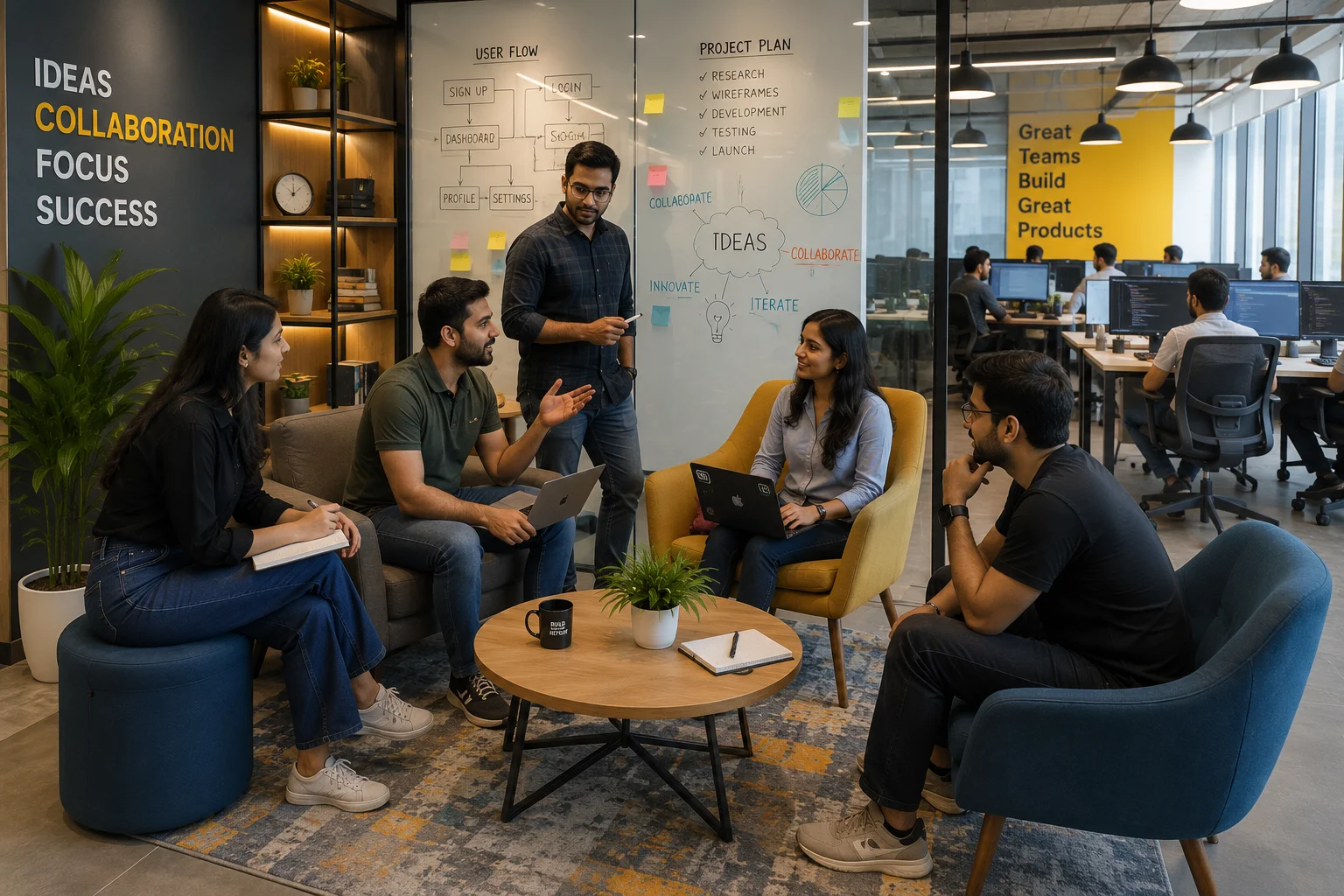 Collaborative workspace designed for startup teams with breakout seating and writable walls