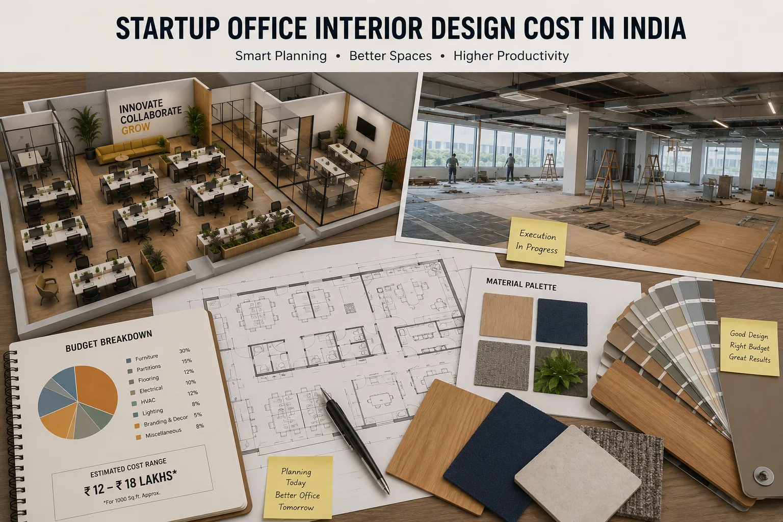 Startup office interior budget planning with furniture samples and floor layouts