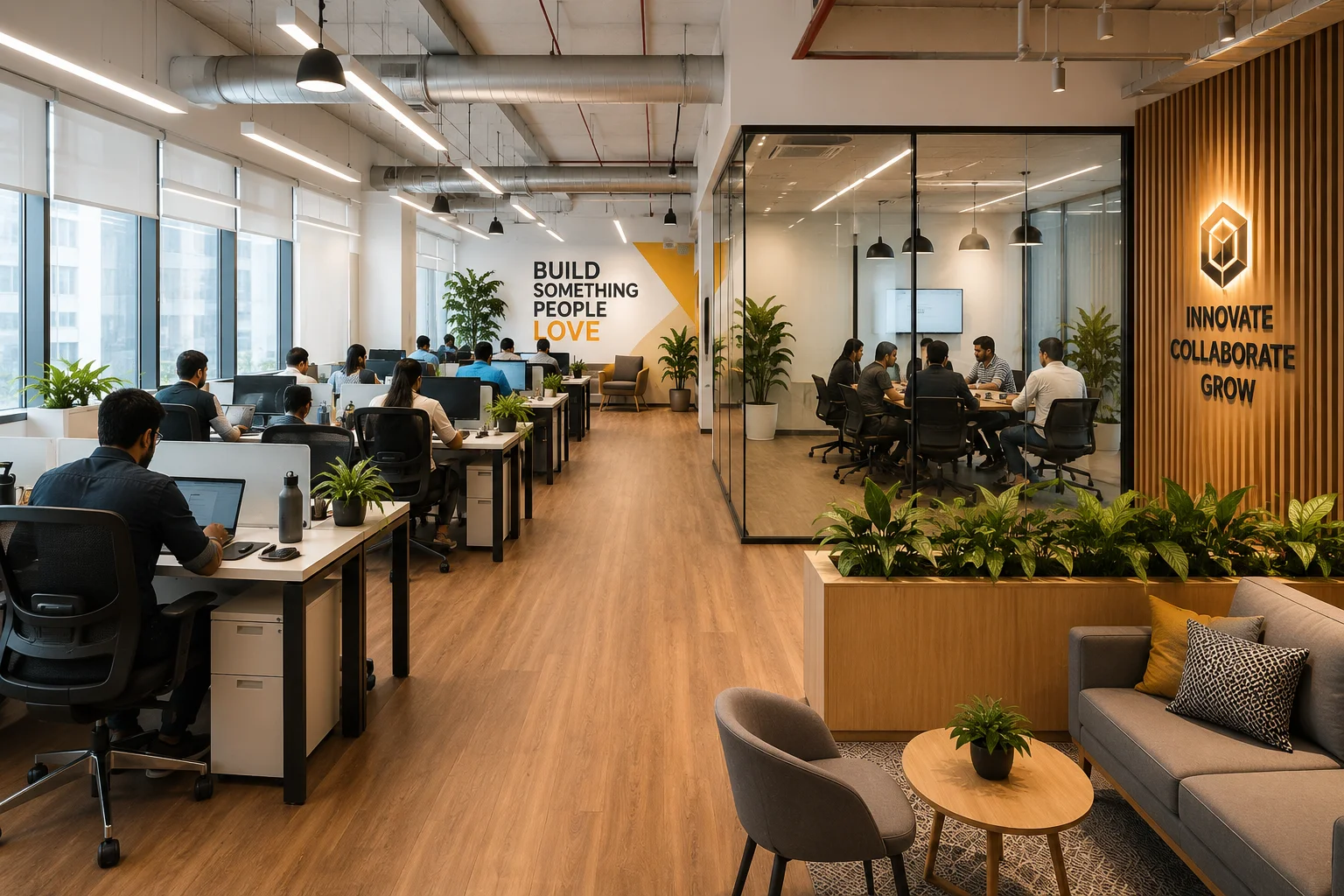 Startup Office Interior Design with open workstations, glass meeting room and breakout seating