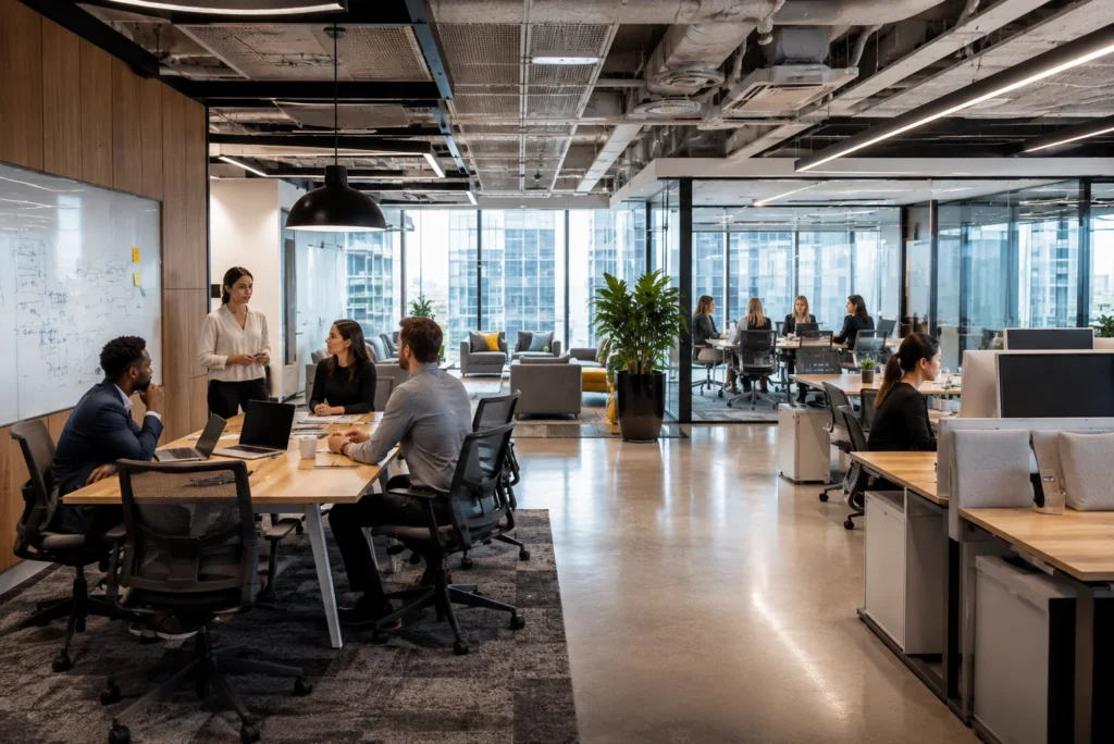 Modern office interior designed to improve employee productivity collaboration and workplace efficiency