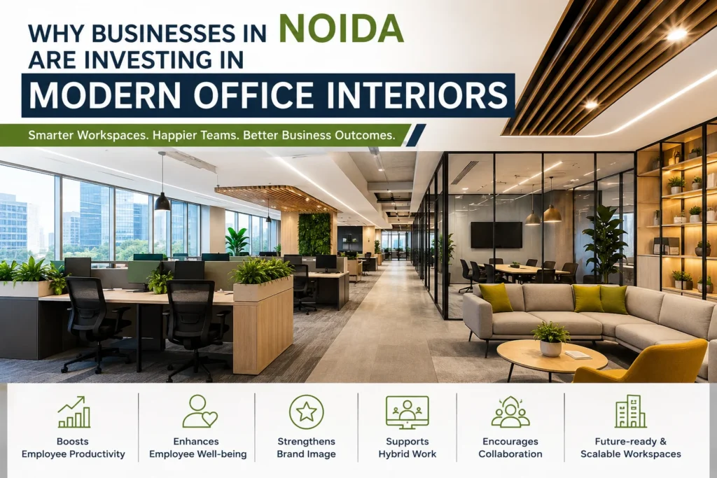 Modern office interior in Noida showcasing collaborative workspaces, meeting rooms, biophilic design, and employee-focused workplace planning