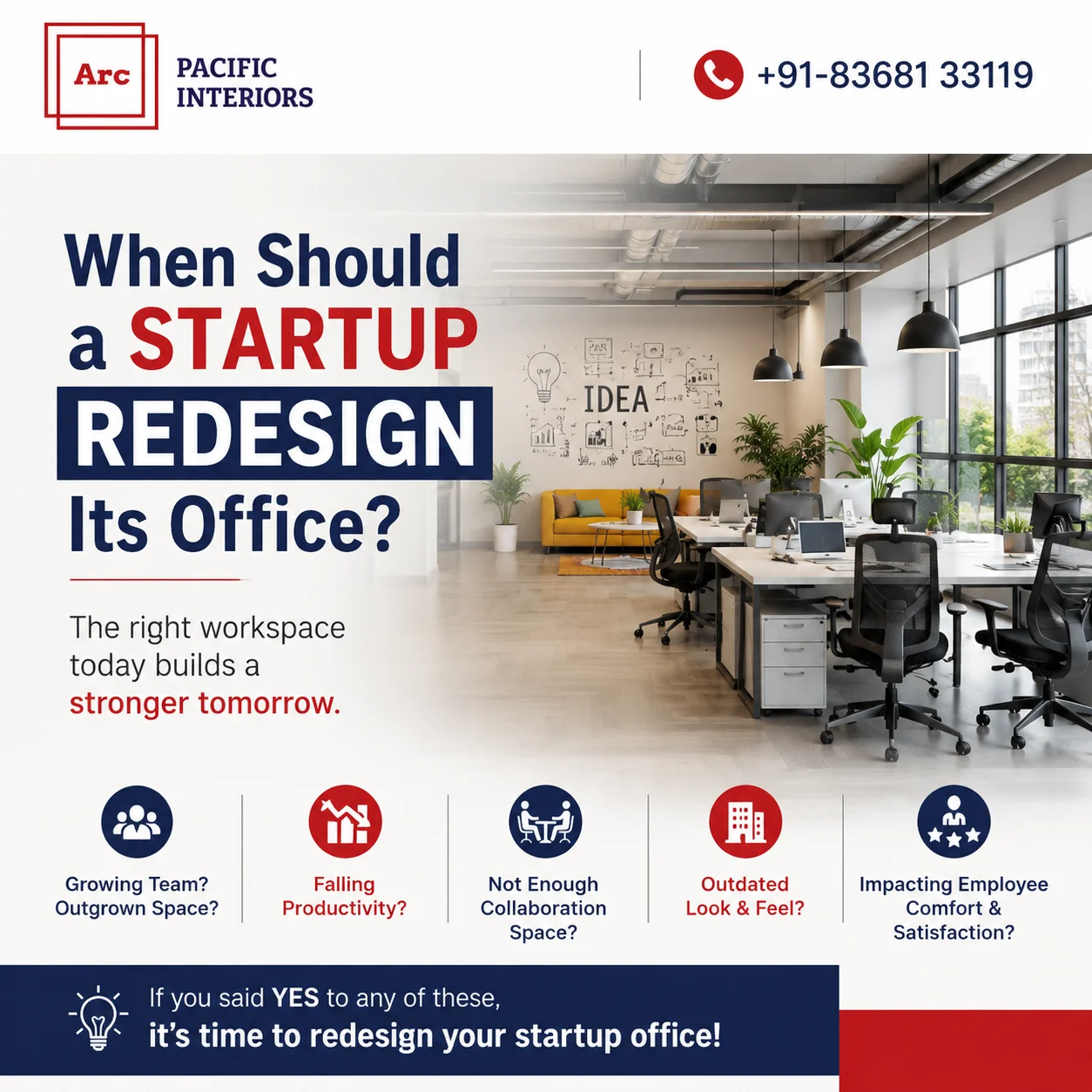 Modern startup office interior illustrating when a startup should redesign its office for better productivity, collaboration, employee comfort, and future business growth.