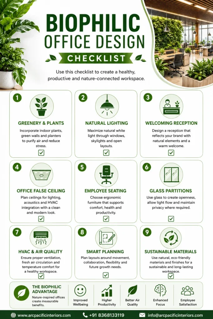 Biophilic office design checklist infographic showing greenery, natural lighting, office false ceiling design, glass partitions, HVAC planning, and employee seating.