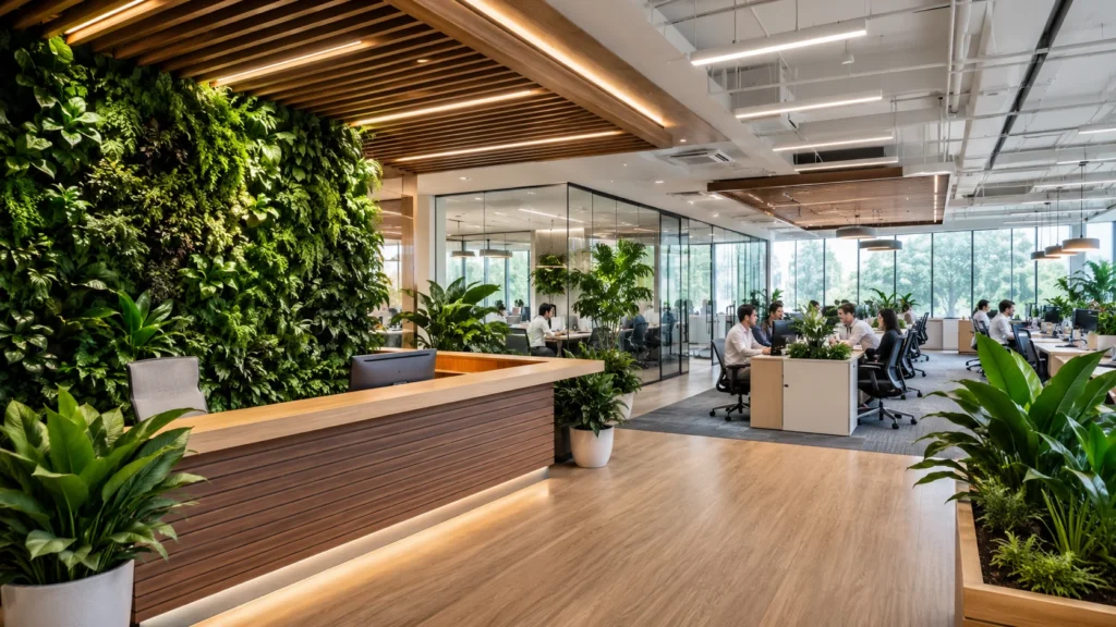 Modern biophilic office design featuring a living green wall, indoor plants, wooden ceiling, glass partitions, and contemporary workstations.