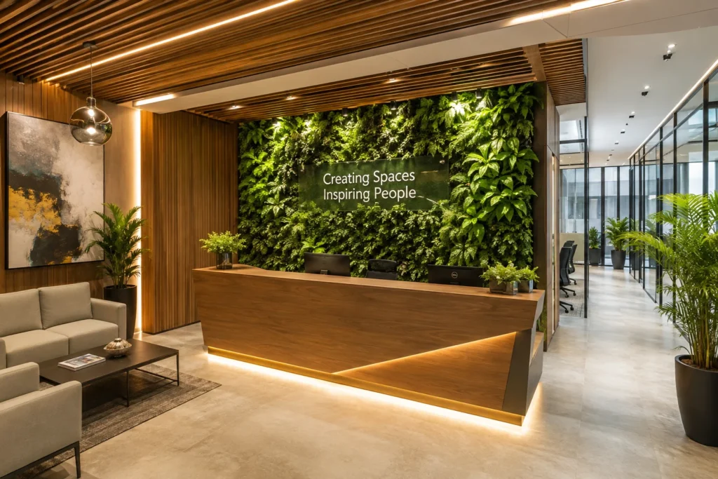 Modern biophilic office reception with a living green wall, wooden reception desk, glass partitions, indoor plants, and natural lighting.