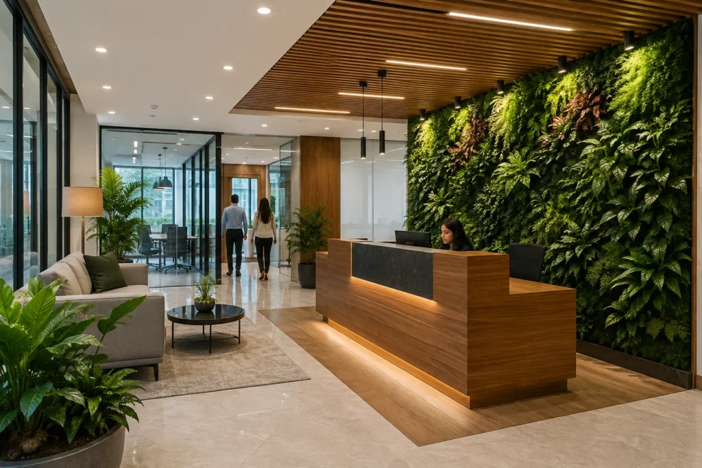 Modern biophilic office reception featuring a living green wall, wooden reception desk, glass partitions, indoor plants, and premium waiting lounge.