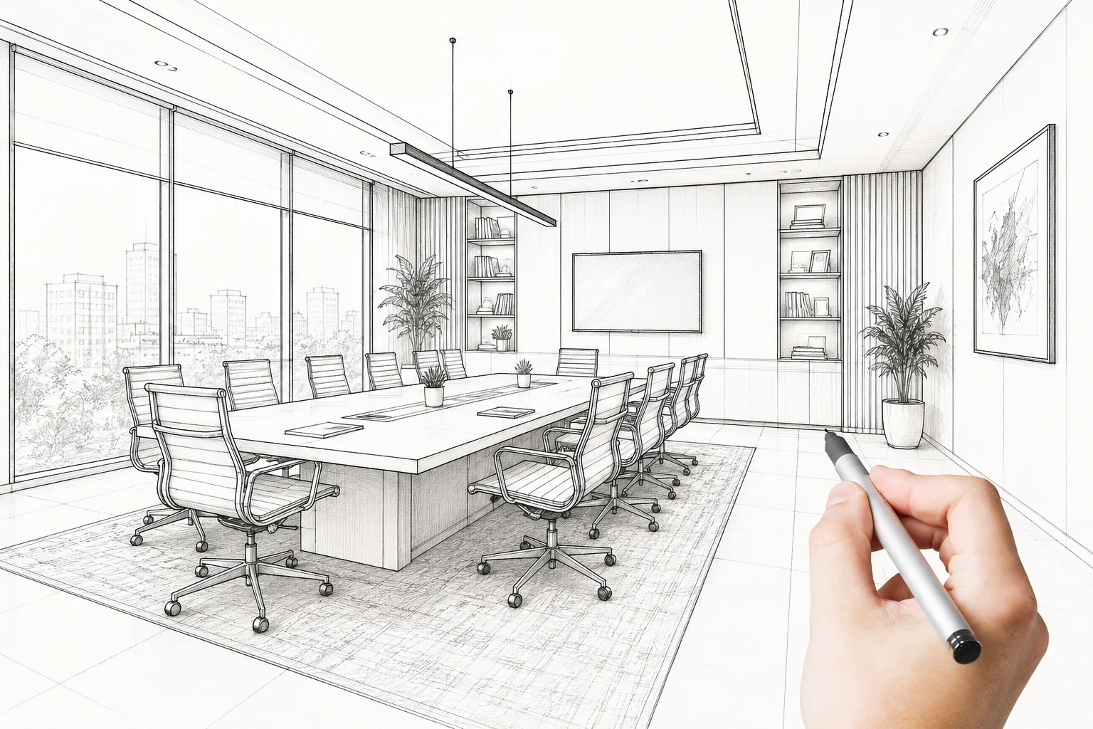 Conference room interior sketch by office interior designer in Noida showing modern meeting space with table, chairs, and architectural detailing