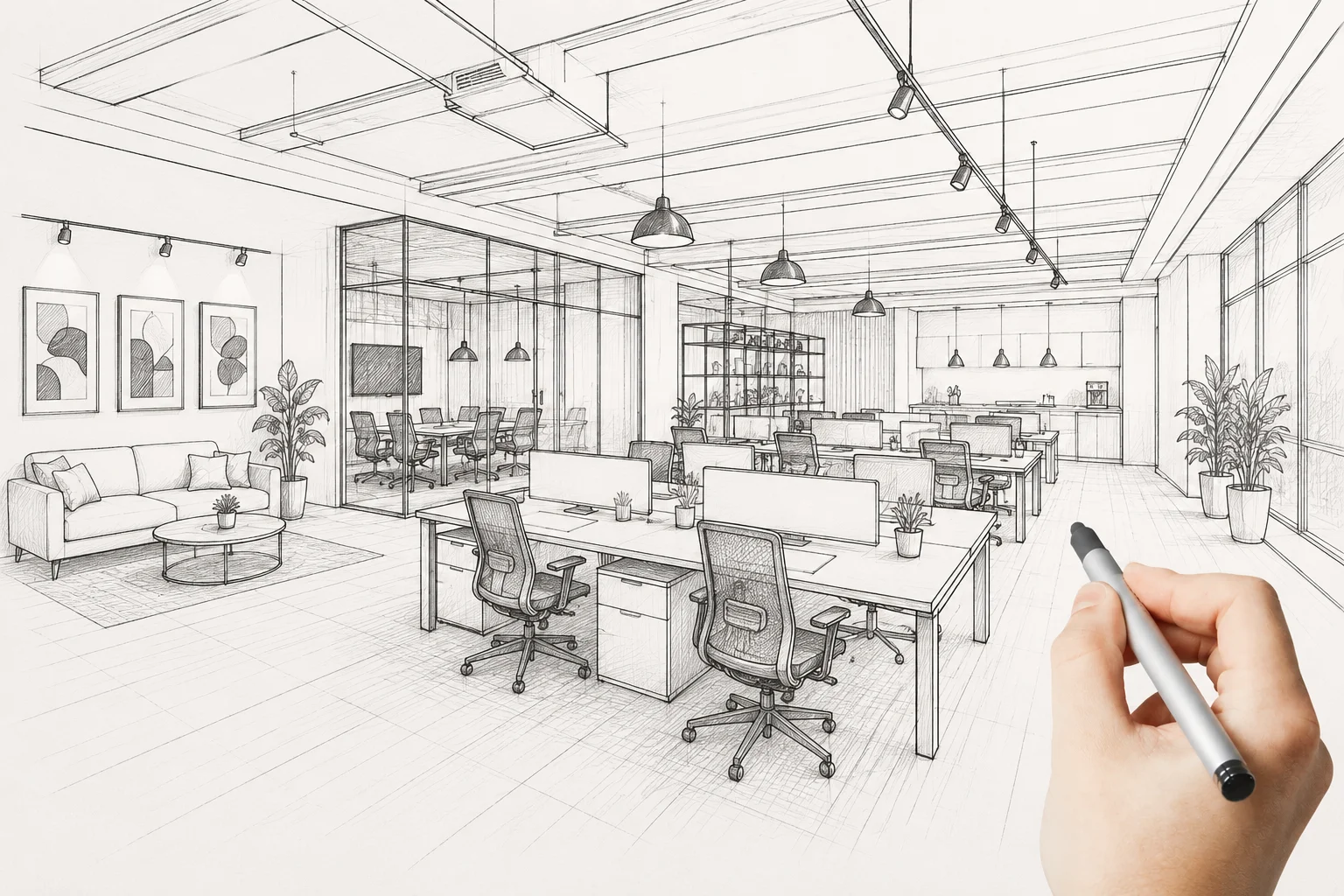 Coworking office interior sketch by office interior designer in Noida showing open workspace layout with desks, meeting room, and modern office elements