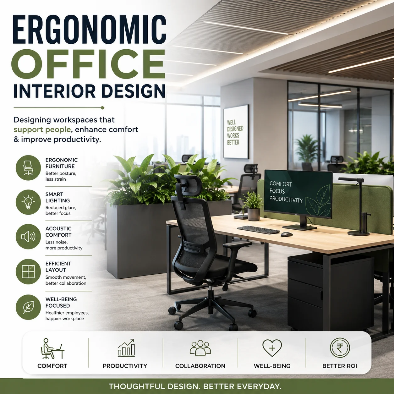 Modern ergonomic office interior design with adjustable workstations, office false ceiling design, natural lighting, and collaborative workspace.