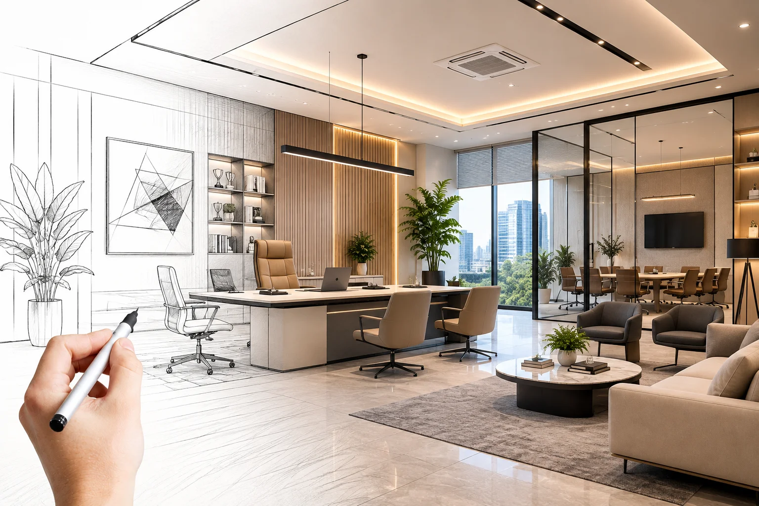 Executive office design concept by office interior designer in Noida showing sketch to realistic transformation with modern furniture and premium workspace layout