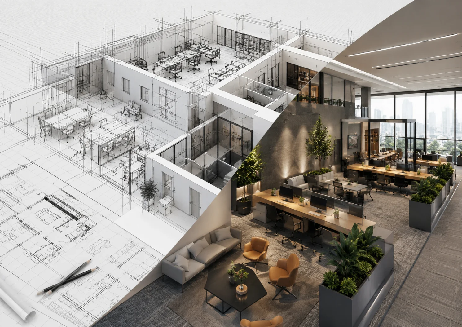 Modern office interior design showing transition from 3D wireframe layout to fully finished workspace with desks, glass cabins, lighting, and greenery.