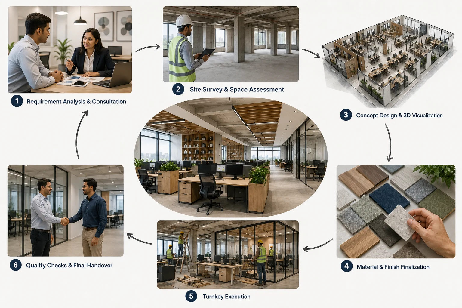 Realistic office interior design process in Noida showing consultation, site survey, 3D design, material selection, execution, and final handover stages