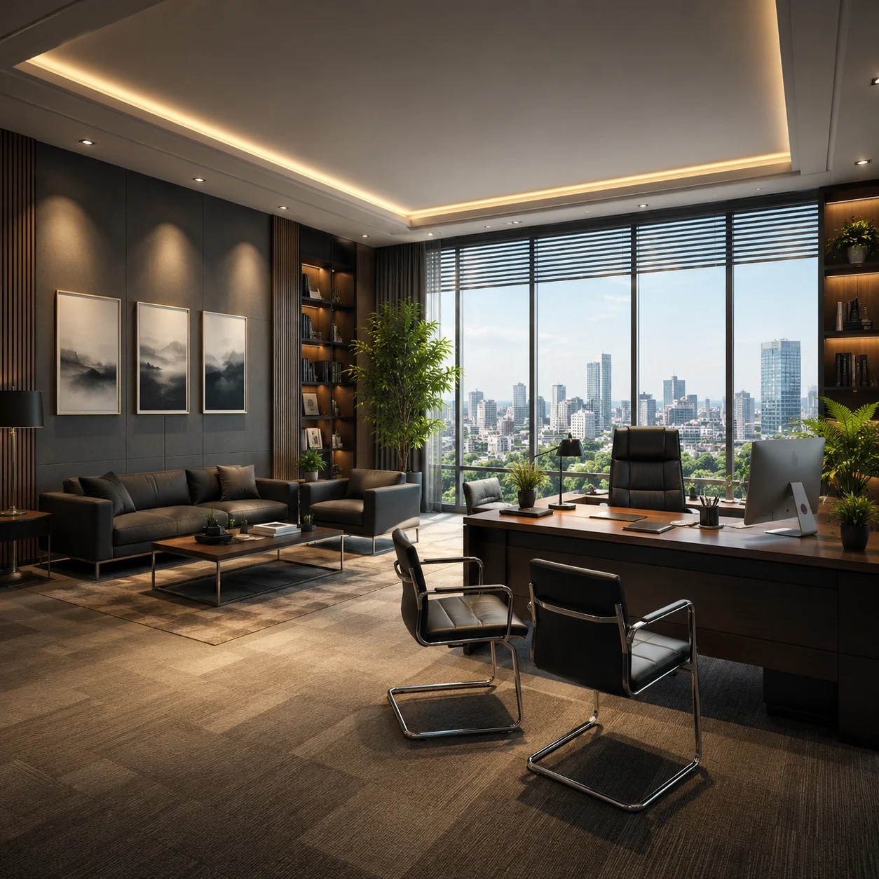 Modern executive office interior designed by office interior designer in Noida with premium furniture, large windows, and contemporary workspace layout