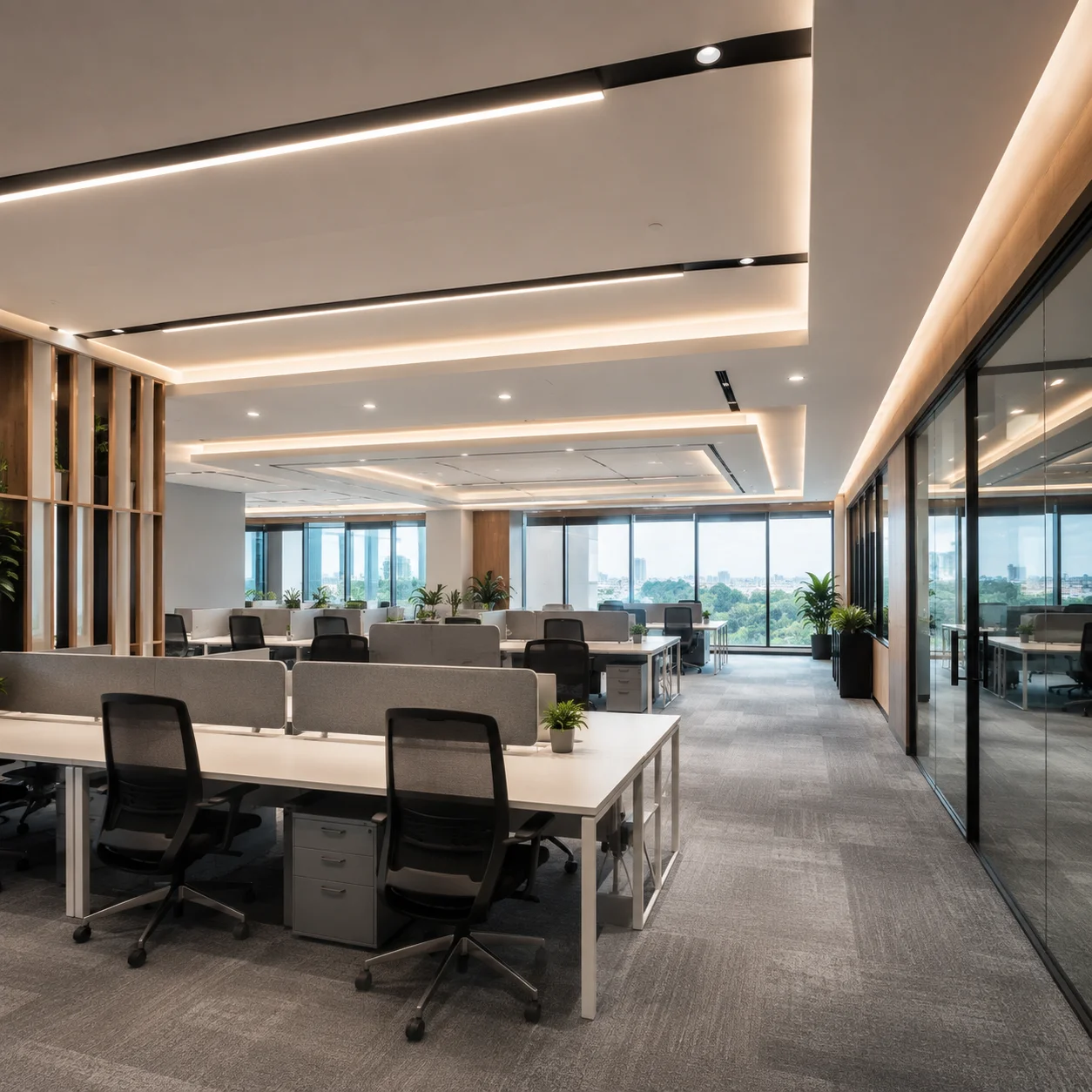 modern office interior lighting design with LED ceiling lights and open workspace