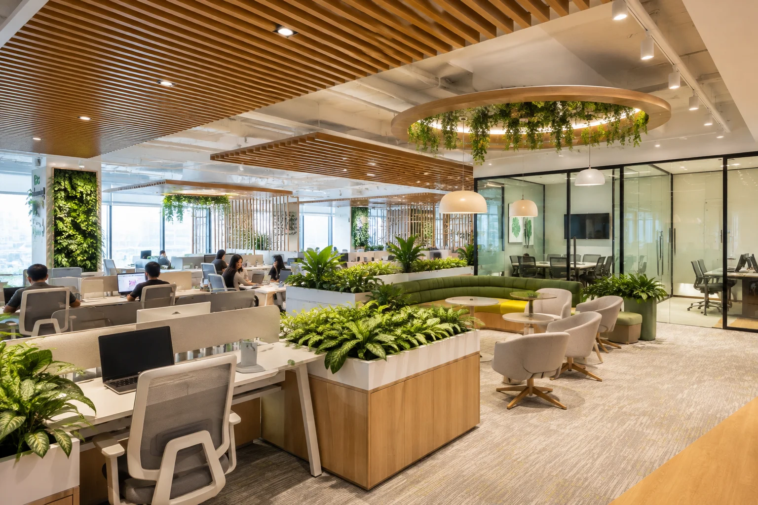 Open-plan biophilic office workspace featuring ergonomic furniture, indoor greenery, wooden ceiling accents, glass meeting rooms, and natural white lighting.