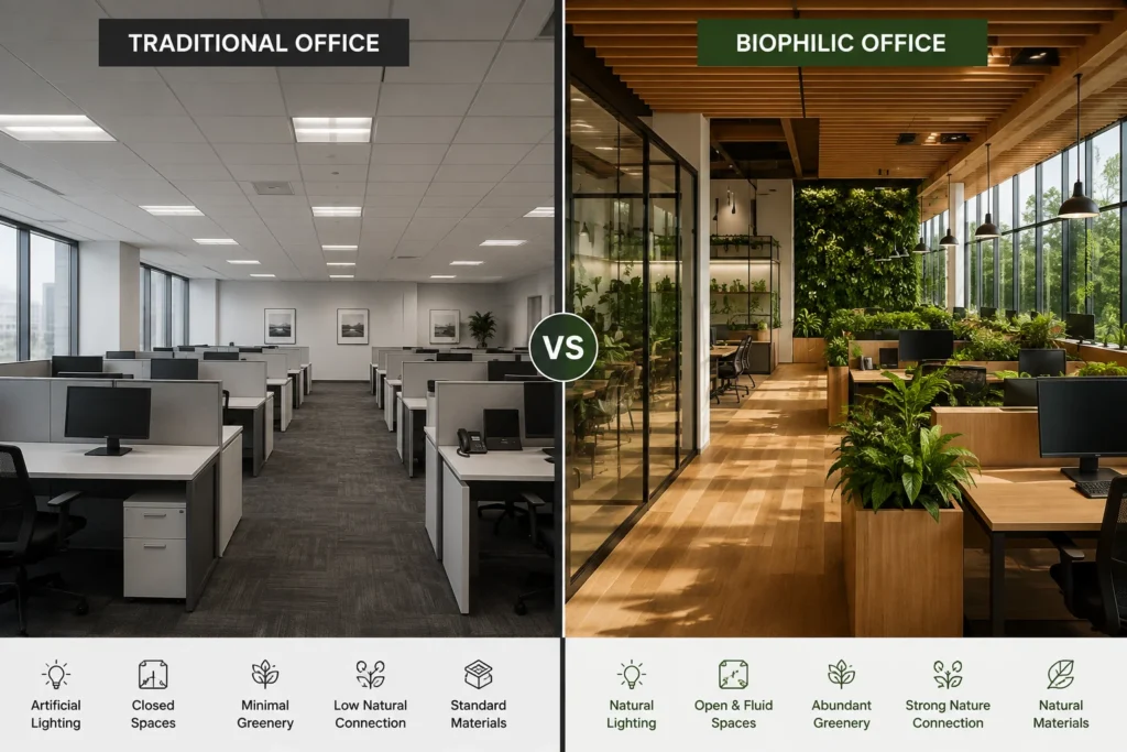 Traditional office vs biophilic office design comparison showing indoor plants, glass partitions, wooden finishes, natural lighting, and modern workspace planning.