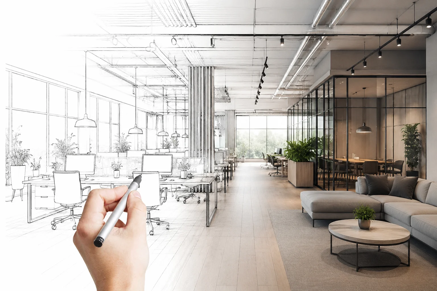Concept to reality office design by office interior designer in Noida showcasing modern workspace transformation by Arc Pacific Interiors