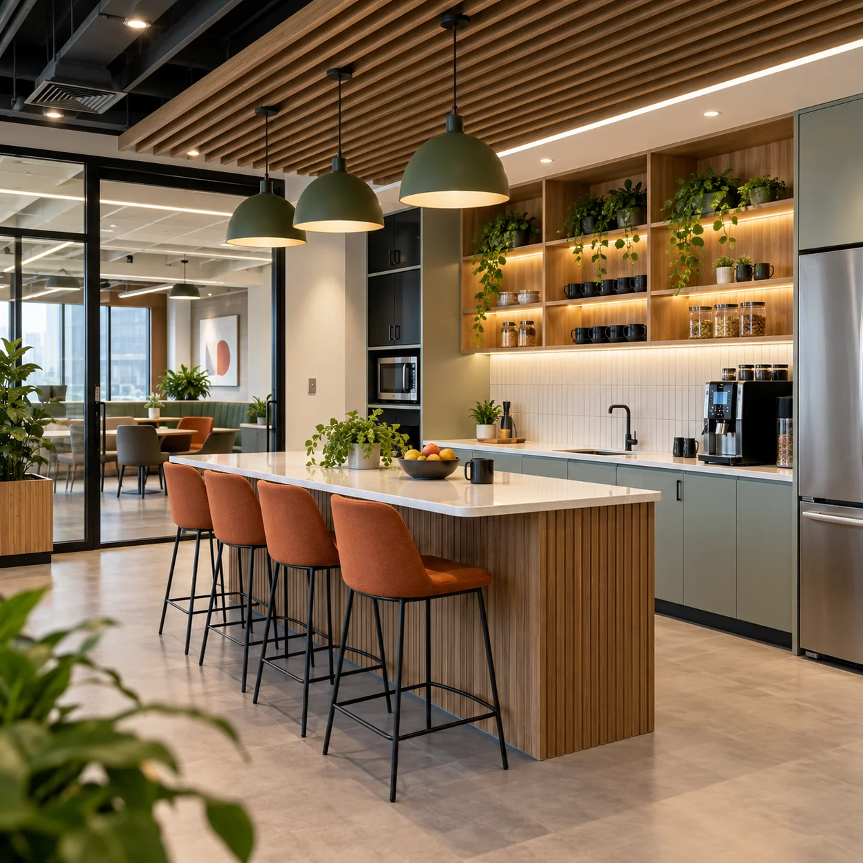 Modern office pantry design with wooden finishes, island seating, pendant lighting, indoor plants, and integrated storage with a clean, contemporary layout.