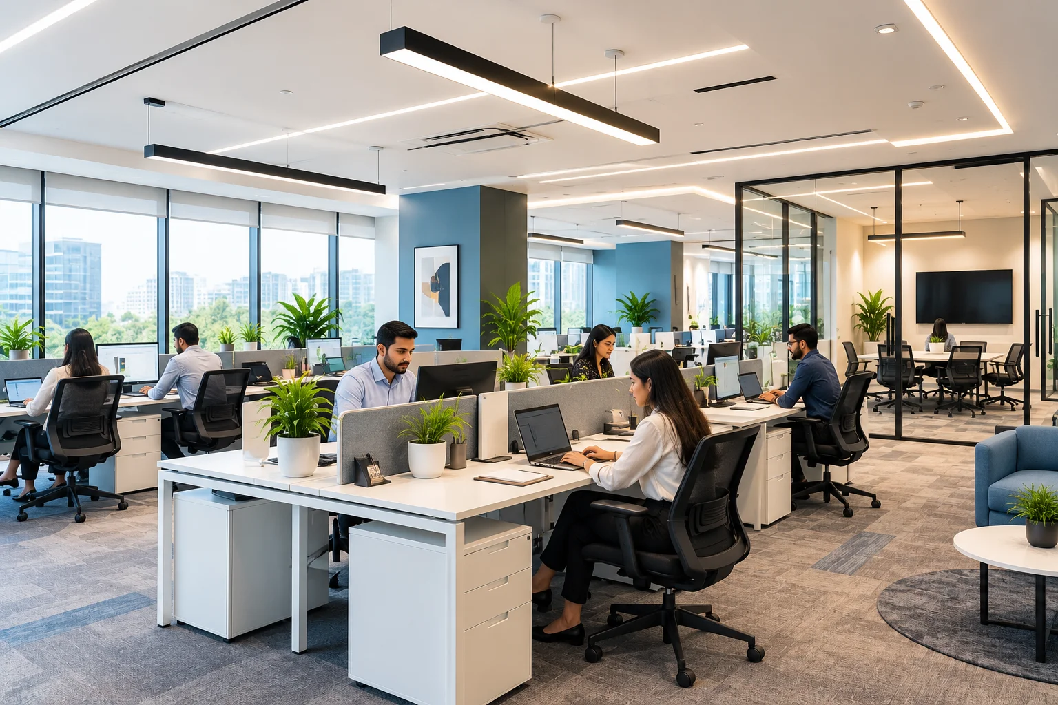 Importance of lighting in interior design in a modern office workspace