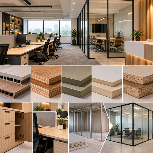 Affordable materials for office interiors featuring plywood, MDF, WPC, particle board, office furniture, and modular glass partitions
