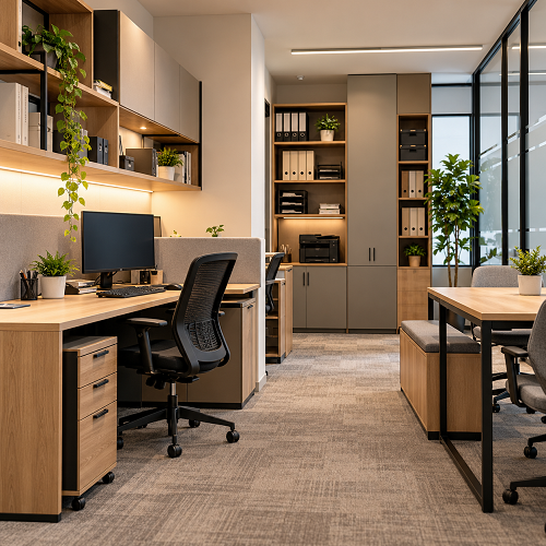 Budget-friendly storage solutions for space-efficient small office interiors with wall-mounted shelves, compact cabinets, and under-desk drawers.