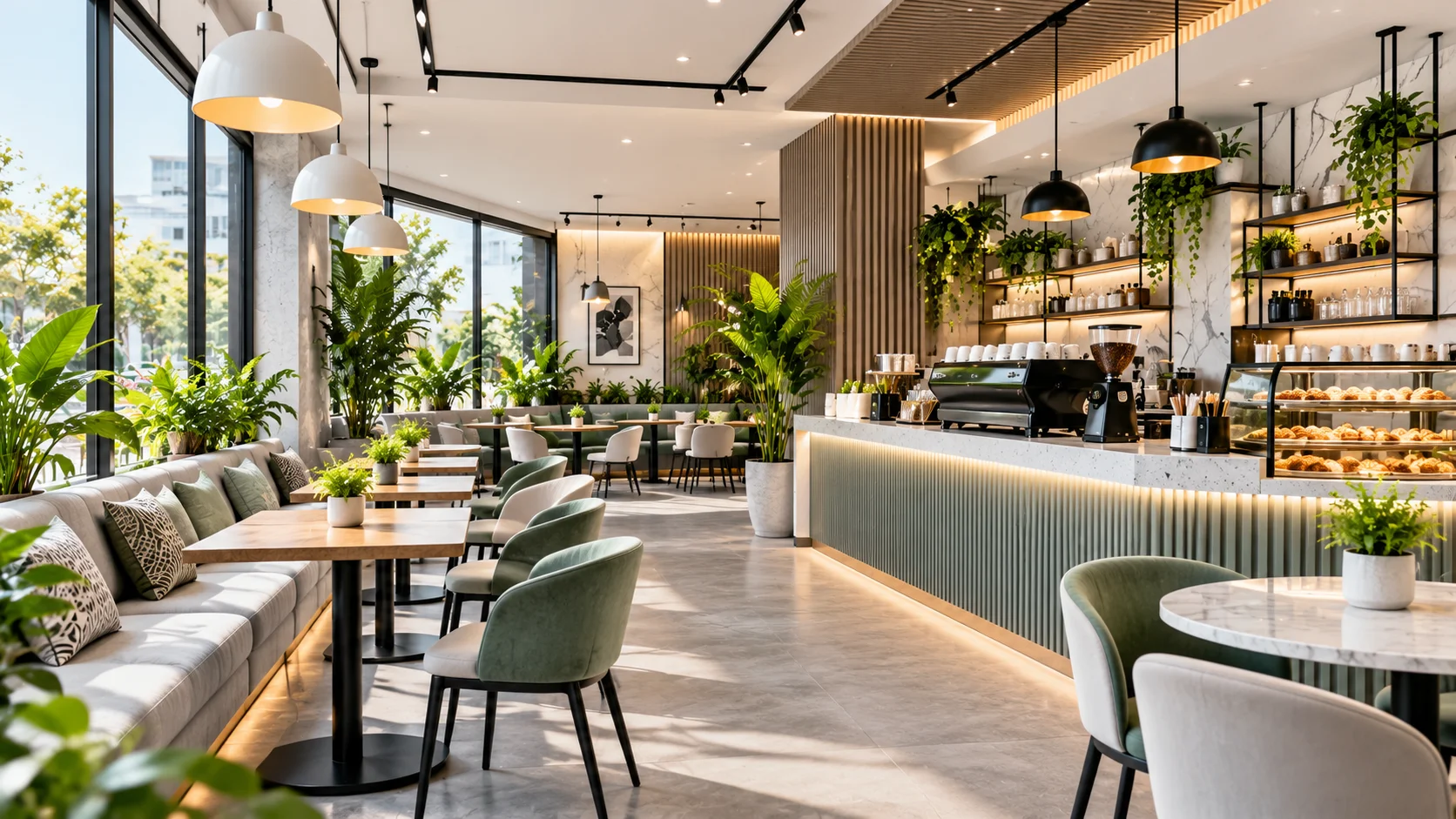 Cafe interior designer in Delhi, Noida, Gurgaon and Faridabad creating modern cafe interiors with green seating