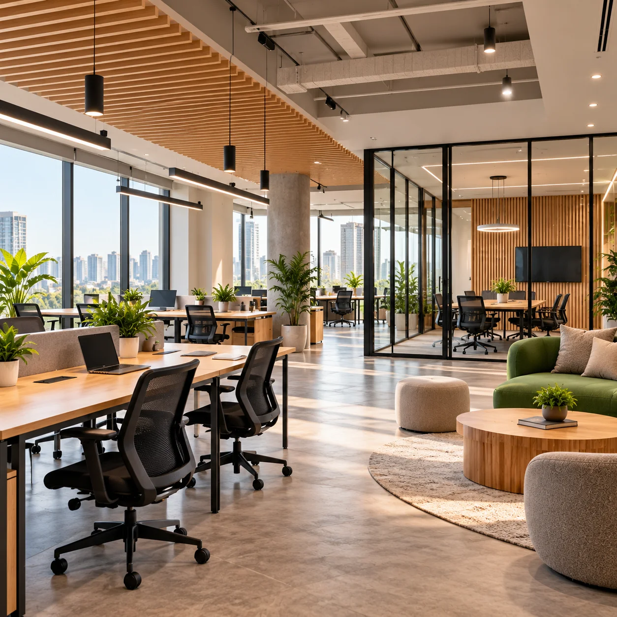 Green coworking space interior design with modern workstations, wooden finishes, glass meeting rooms and natural lighting.
